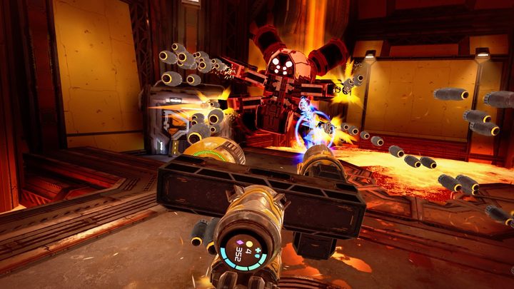 Firing two guns at a missile-launching robot in Mothergunship: Forge