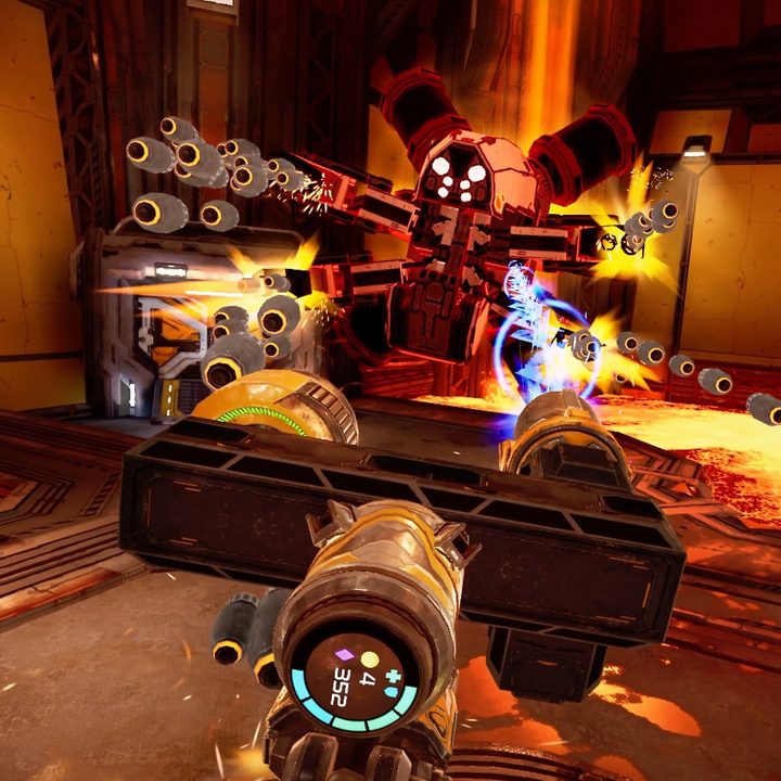 The player fires two guns at a missile-launching robot in Mothergunship: Forge