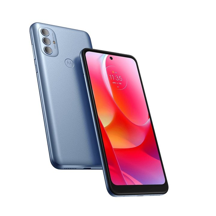 The Moto G Power (2022) in the Ice Blue color option against a white background.