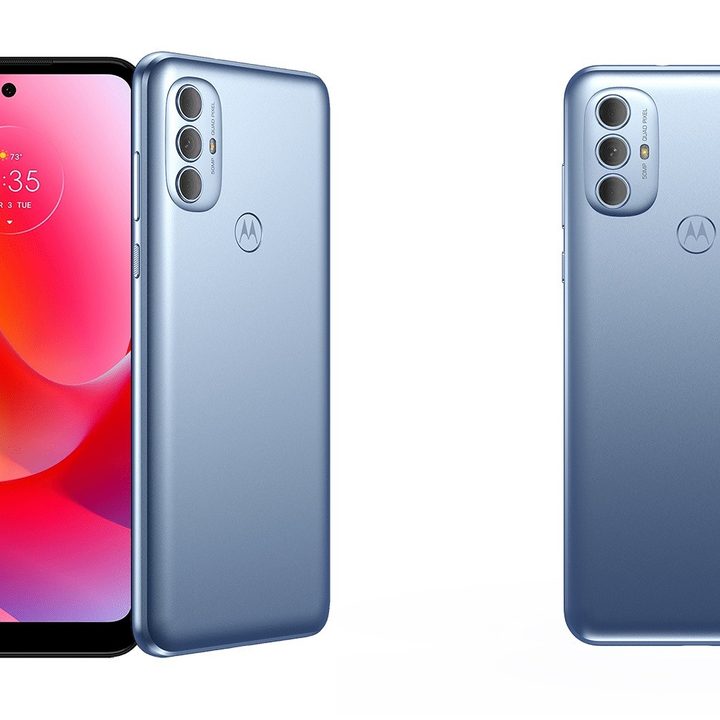 The front and rear panel of a blue color variant of the Moto G Power against a white background.