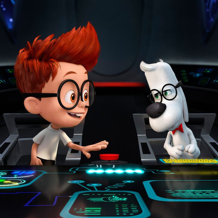 Mr. Peabody and Sherman sit at the controls of the WABAC machine.