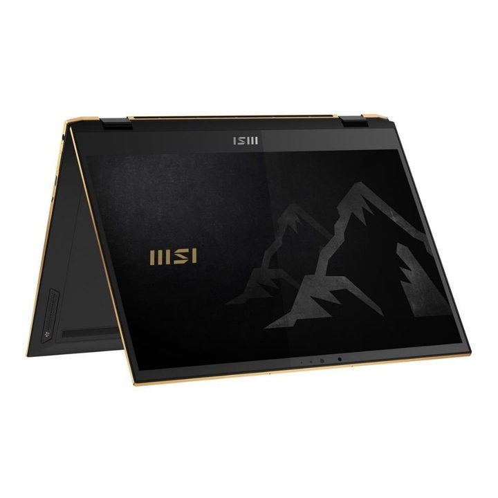 MSI Summit E13 flip in tent mode on white background.