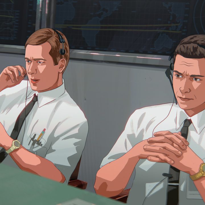 Two NASA agents sit together in Apollo 10½: A Space Age Childhood.