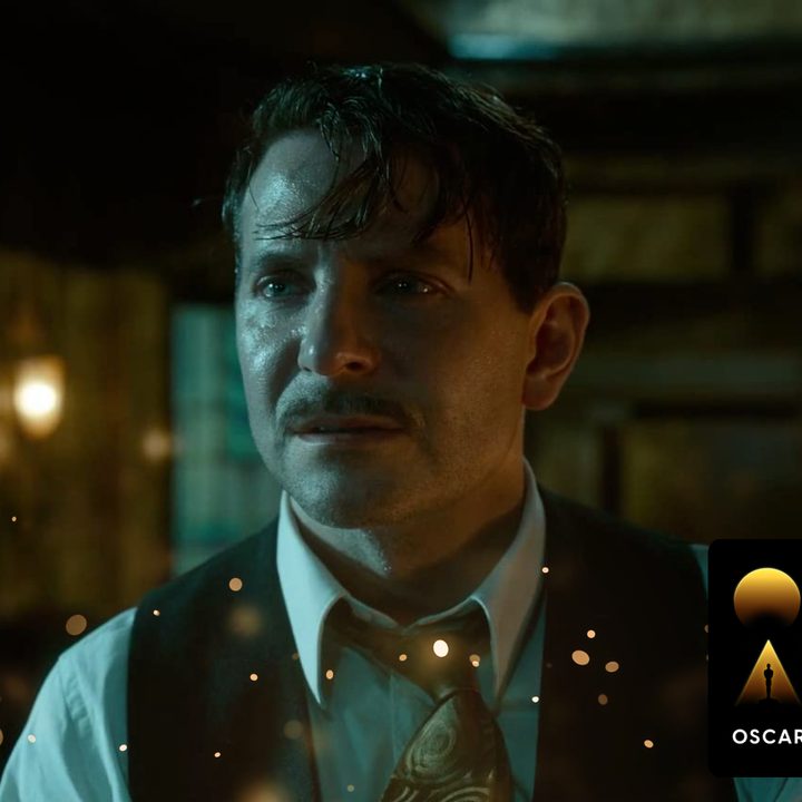 An "Oscars Week" badge on a still of Bradley Cooper in 'Nightmare Alley.'
