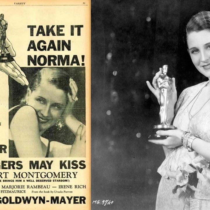 Left: An FYC ad focusing on actress Norma Shearer. Right: Norma Shearer holds an Oscar.