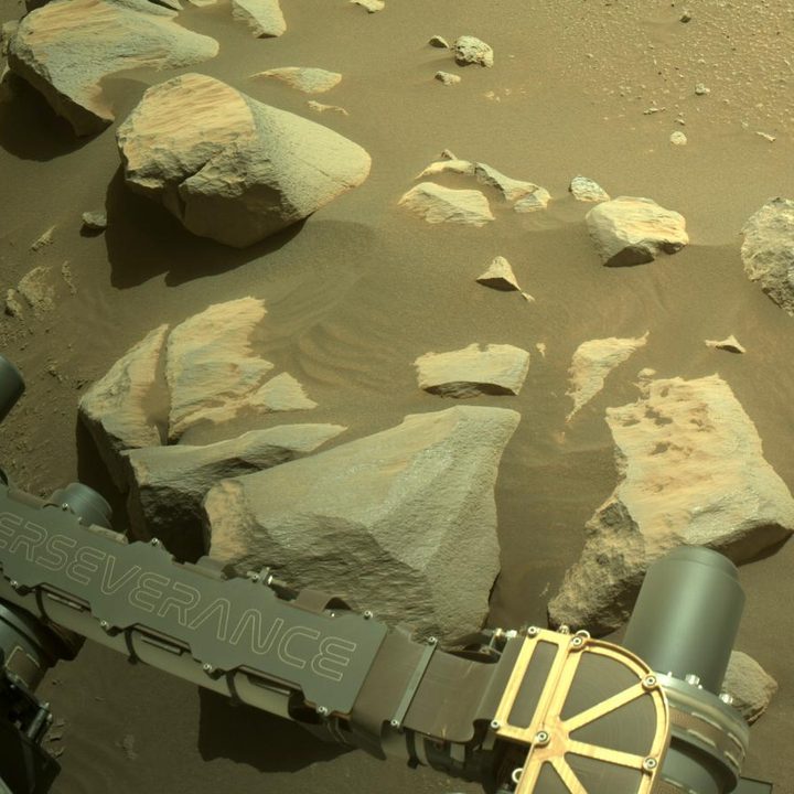 NASA’s Perseverance Mars rover used its Left Navigation Camera of target Sid, a higher standing boulder seen just above the rover’s arm.