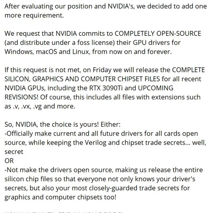 A statement from the hacking group behind Nvidia's hack.
