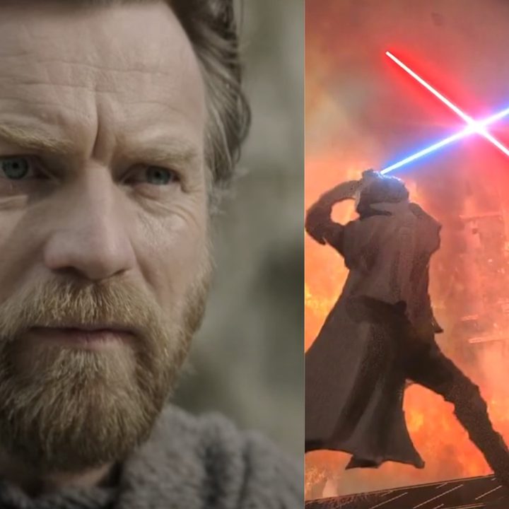 Split image of Obi-Wan watching over Luke and concept art of him battling Darth Vader.