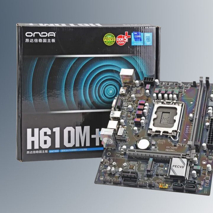 The Onda H610M+ motherboard next to its packaging.