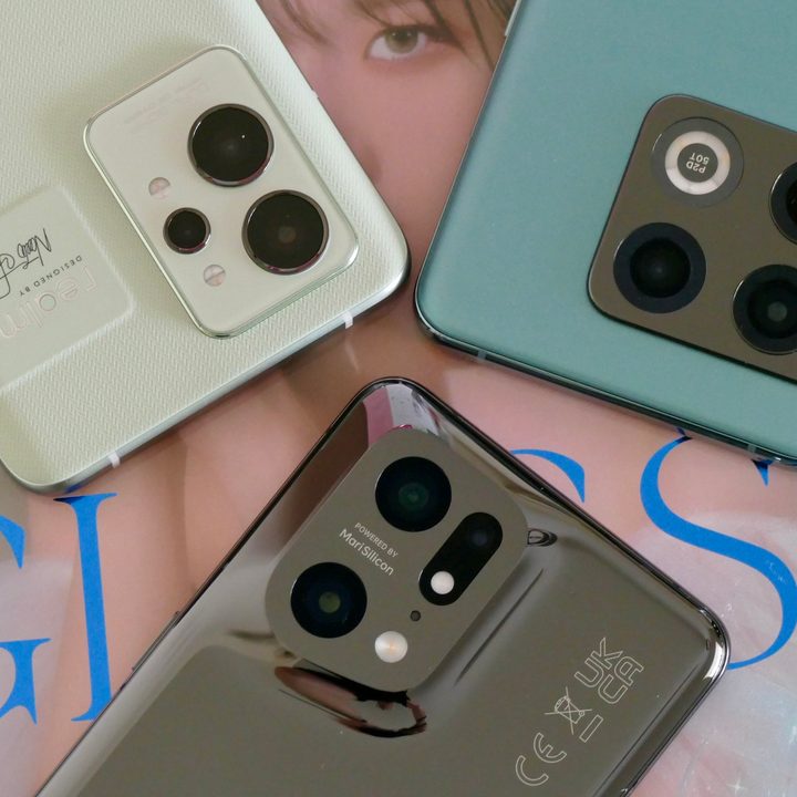 A close-up of the OnePlus 10 Pro, Realme GT 2 Pro, and Oppo Find X5 Pro camera modules.