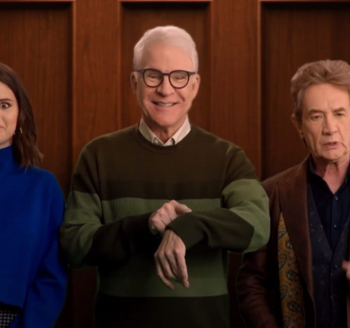 Selena Gomez, Steve Martin, and Martin Short stand in an elevator in Only Murders in the Building.