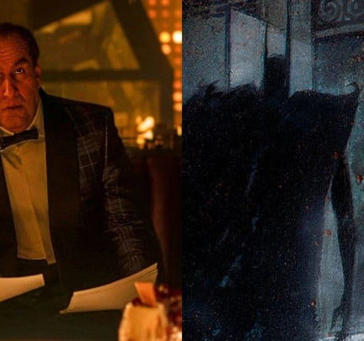 Split image of Colin Farrell as Penguin and Batman facing the Joker at the entrance of Arkham Asylum in DC's comics.