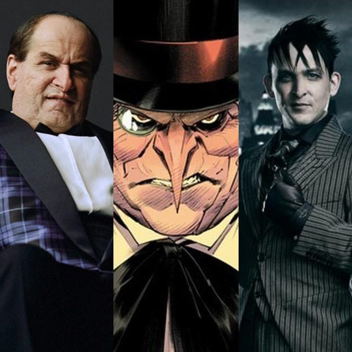 Split image of Burgess Meredith, Colin Farrell, DC comic book, Robin Taylor & Danny DeVito as the Penguin.