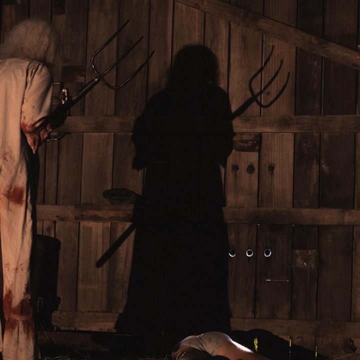 A grisly scene in a barn from X, from A24 Entertainment.