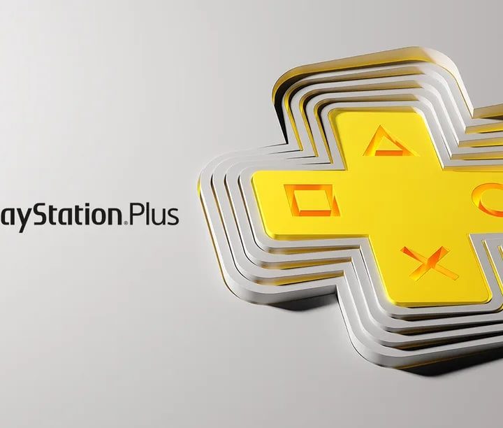 Sony's PlayStation Plus logo in yellow against a grey background.