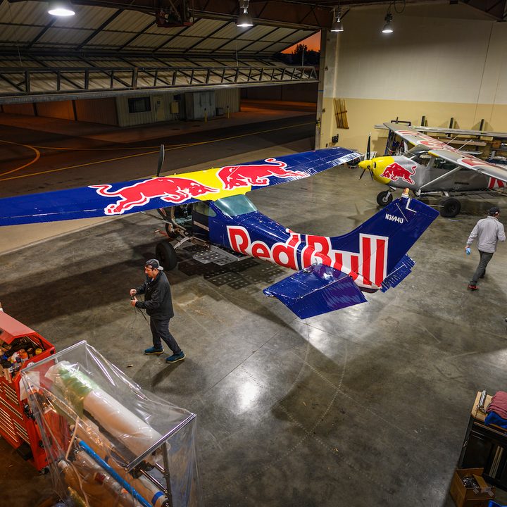 Red Bull Air Force members Luke Aikins and Andy Farrington practicing for the Plane Swap stunt.
