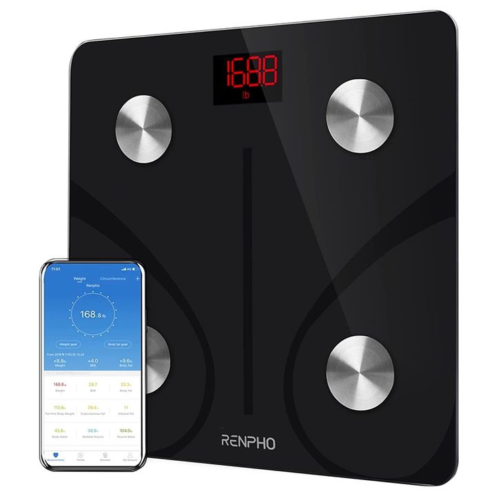 The Renpho digital body fat scale standing upright next to a phone displaying the Renpho Smart App.