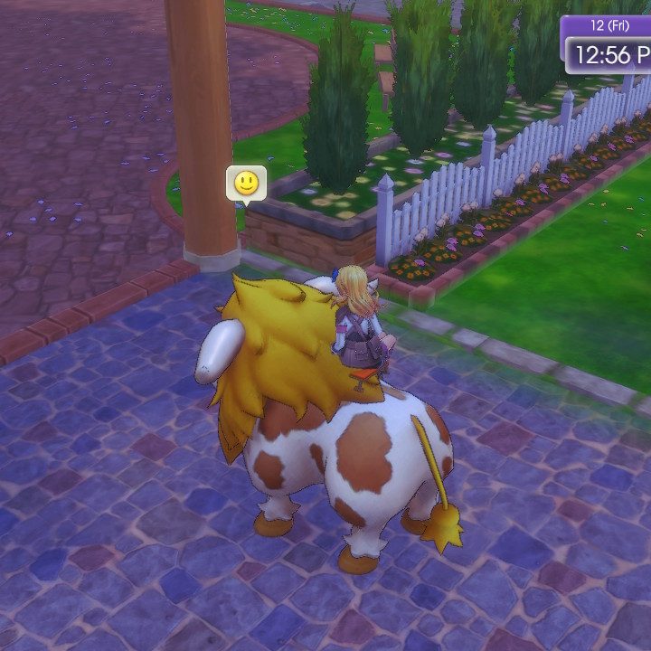 Alice rides a Buffamoo in Rigbarth in Rune Factory 5.