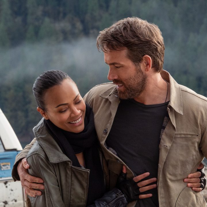 Ryan Reynolds hugs Zoe Saldaña in The Adam Project.