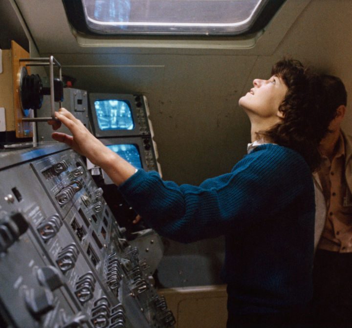 Sally Ride inside NASA's Manipulator Development Facility