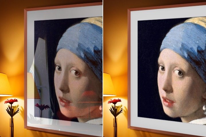 Comparison of Samsung's The Frame TV with and without matte screens.