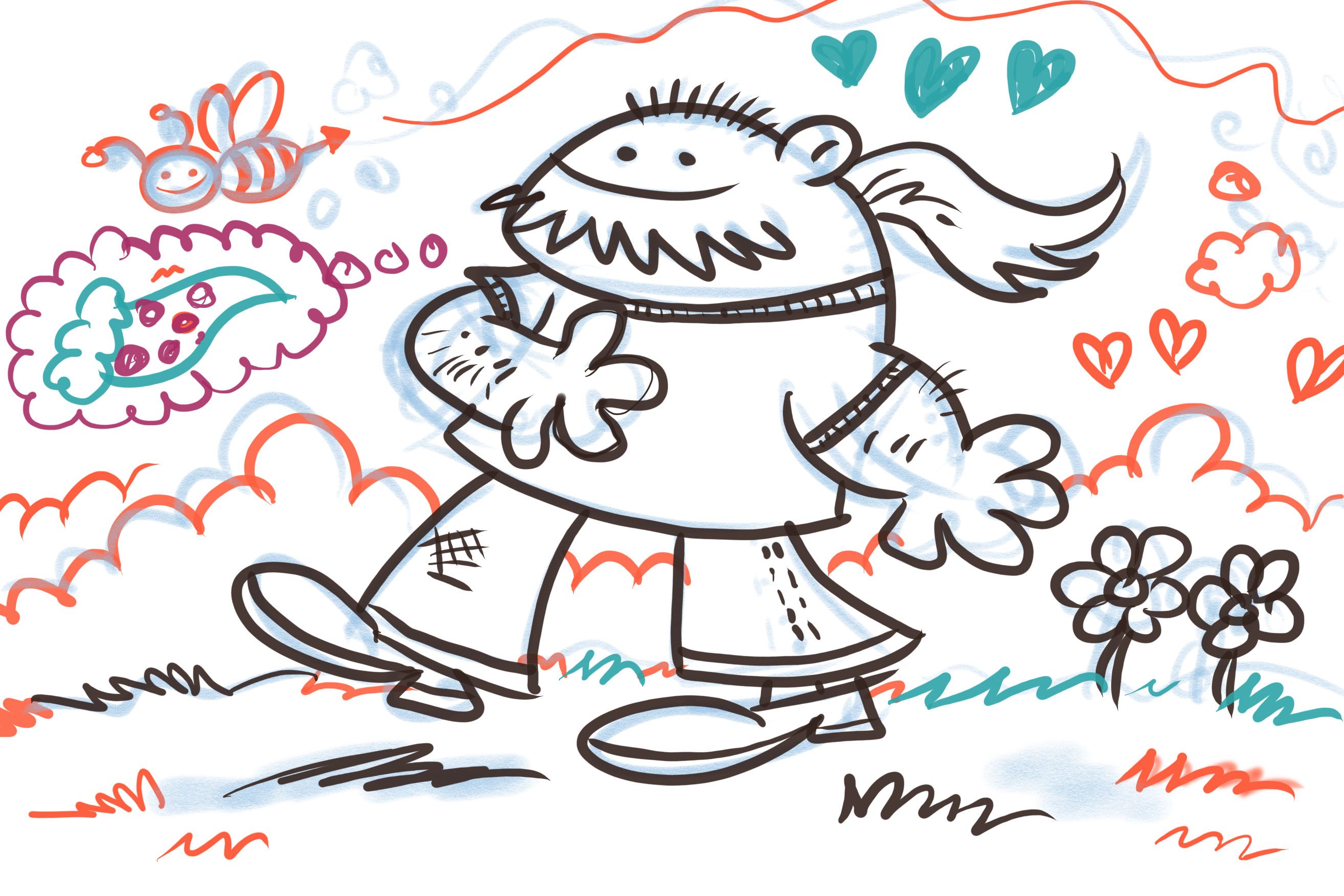 Sketch of Adam walking in a field.