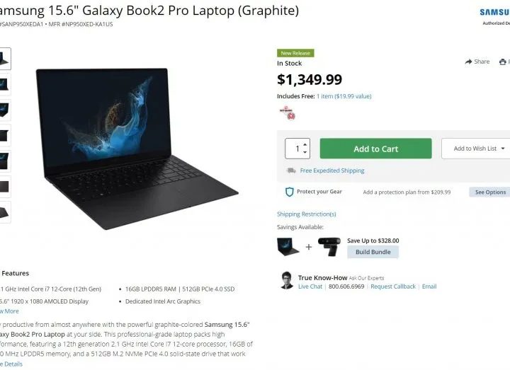 An early listing detailing a Samsung laptop equipped with an Intel Arc Alchemist GPU.