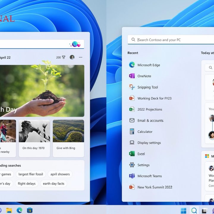 A screenshot shows the search highlights feature of Windows 11.