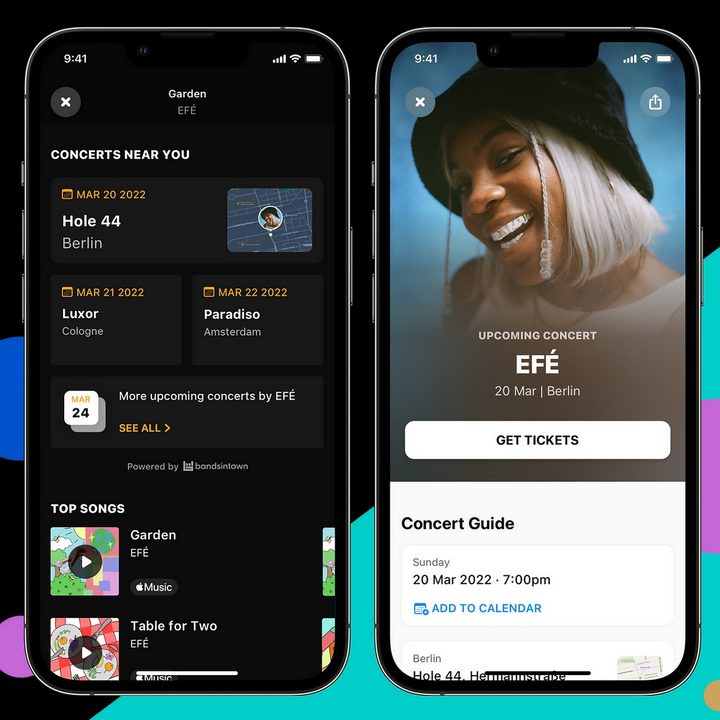 Two smartphones displaying Shazam's concert discovery feature in action.