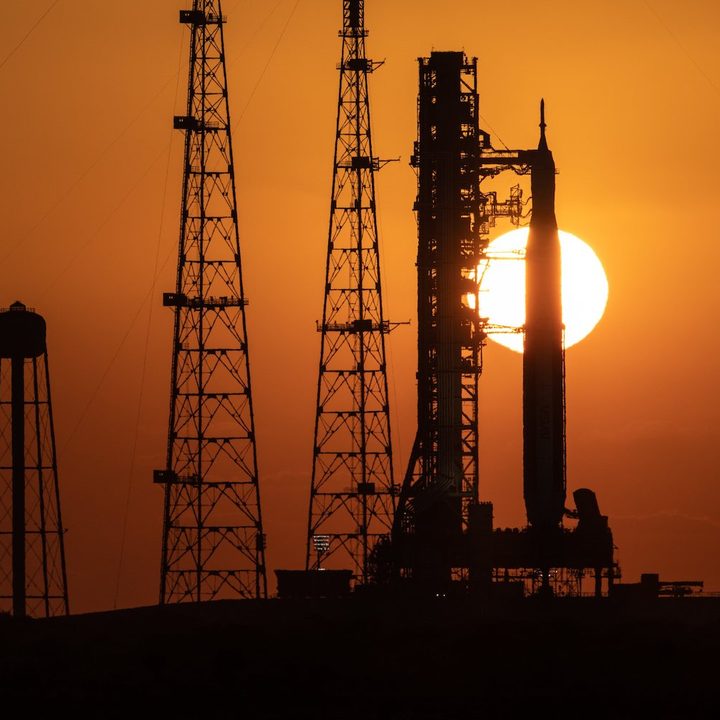 NASA's mega moon rocket on the launchpad at the Kennedy Space Center.
