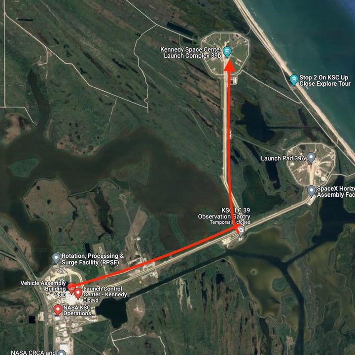 The route the SLS rocket will take to the launch pad.