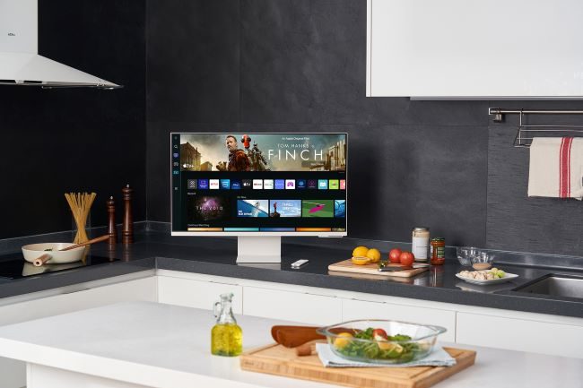 The Samsung Smart Monitor M8 in a kitchen.