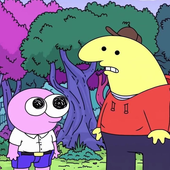 Pim and Charlie stand in a forest in Smiling Friends.