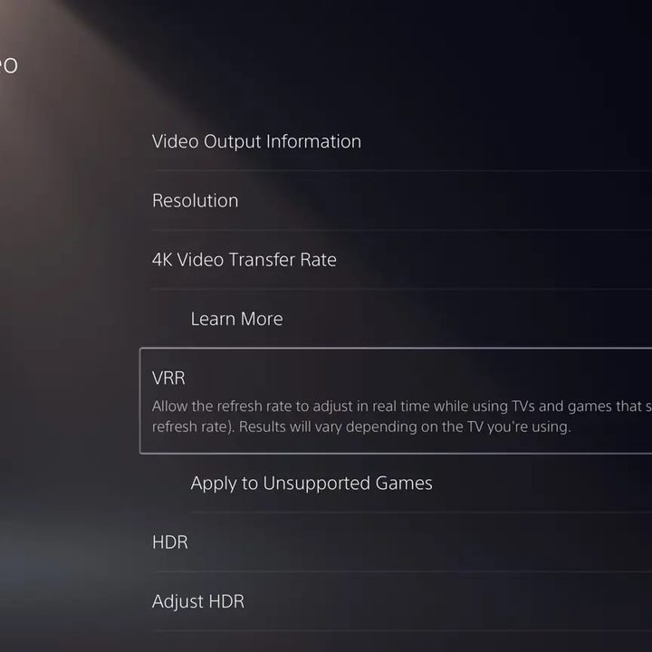 A PS5 menu showing the option to enable VRR.