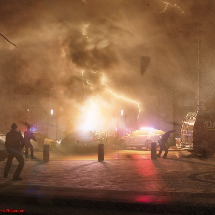 A storm of lightning and sand in a scene from Spider-Man: No Way Home.