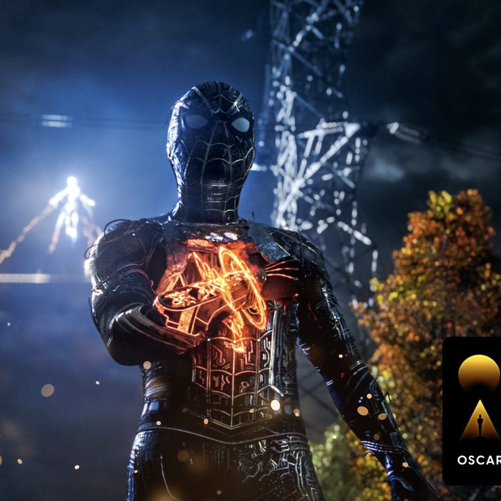 An "Oscars Week" badge on a still of Tom Holland as Spider-Man in "Spider-Man: No Way Home."