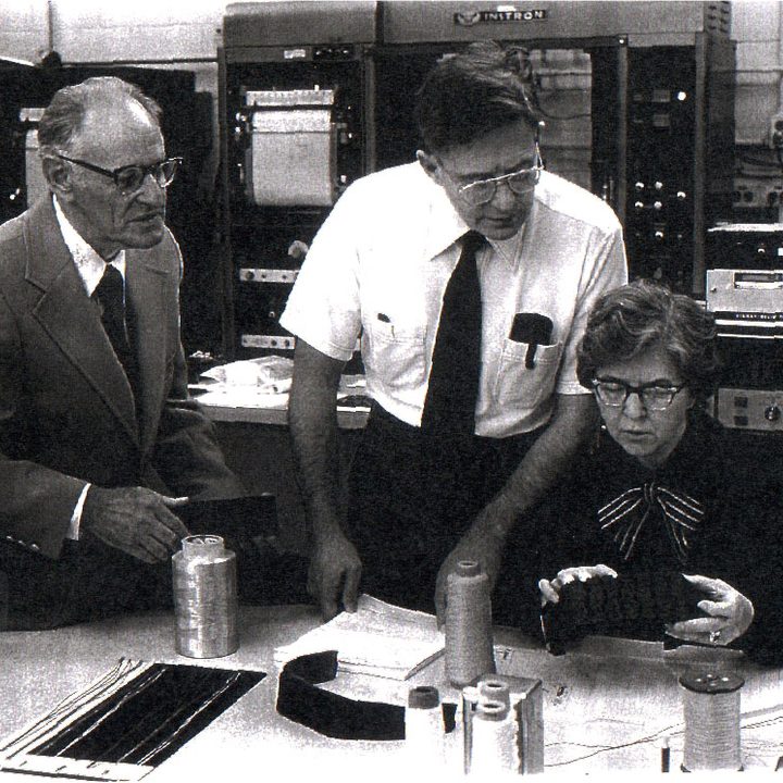 DuPont Textile Fibers Pioneering Research Laboratory. Left to right: Dr. Paul Morgan, Dr. Herbert Blades, and Stephanie Kwolek. Courtesy of DuPont.