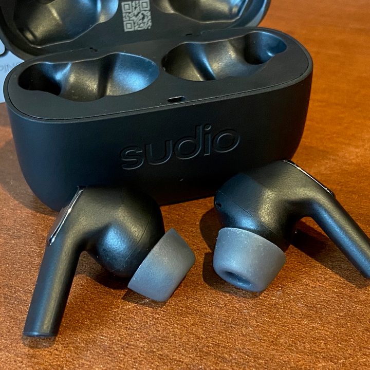 Both Sudio E2 earbuds sitting in front of their charging case.