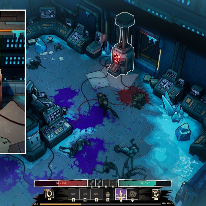 A character stands next to colorful blood splashes in Superfuse.