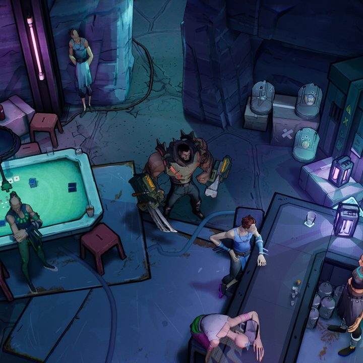 Characters stand in a bar in Superfuse.