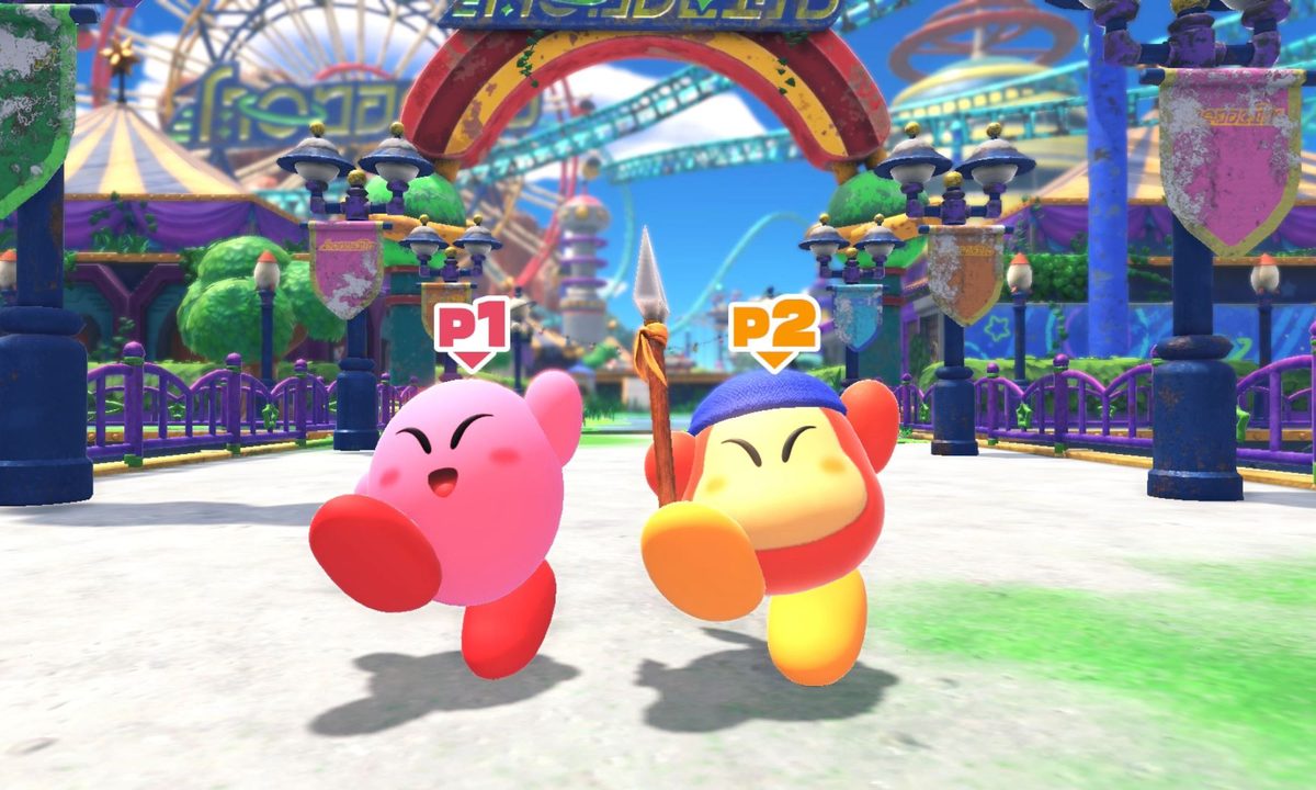 Kirby and bandana waddle dee dance in Kirby and the Forgotten Land.