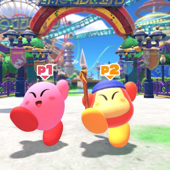 Kirby and bandana waddle dee dance in Kirby and the Forgotten Land.