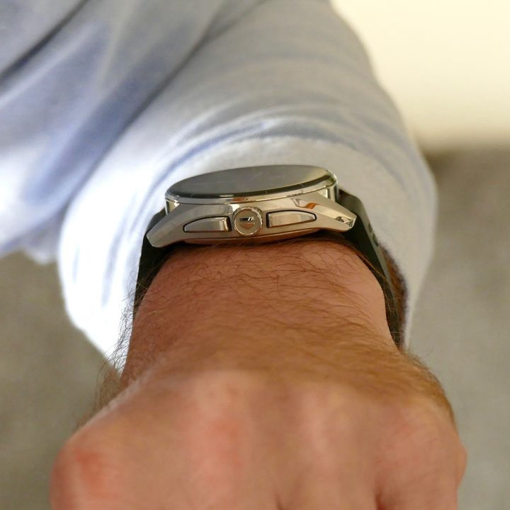 A side profile of the Tag Heuer Connected Calibre E4 watch on a wrist.