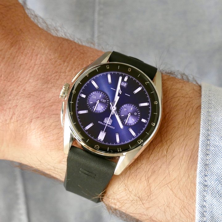 The Tag Heuer Connected Calibre E4 watch on a wrist.