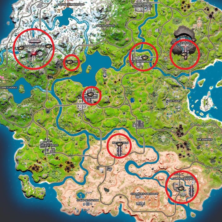 Map of Tank locations in Fortnite.