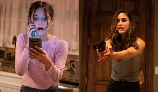 Tara (left) is answering the phone, Sam (right) is aiming a gun at a killer in Scream