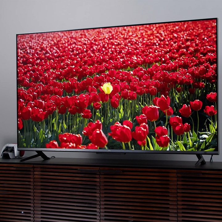 An angled TCL TV with an image of flowers on screen.