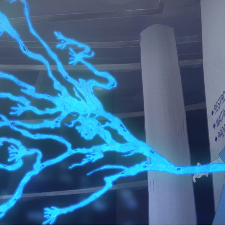 Blue energy explodes from an elderly woman 's chest in a scene from The Boys Presents: Diabolical anthology series.