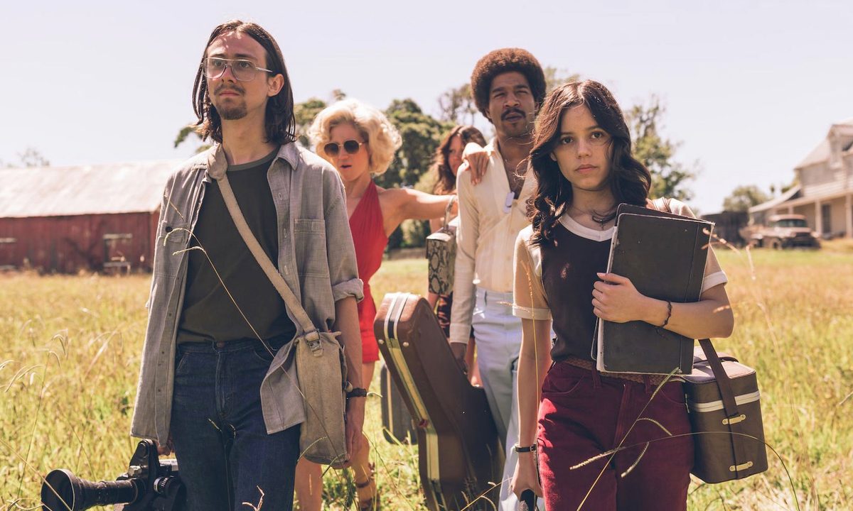 Kid Cudi, Jenna Ortega, and others in a scene from X, from A24 entertainment.