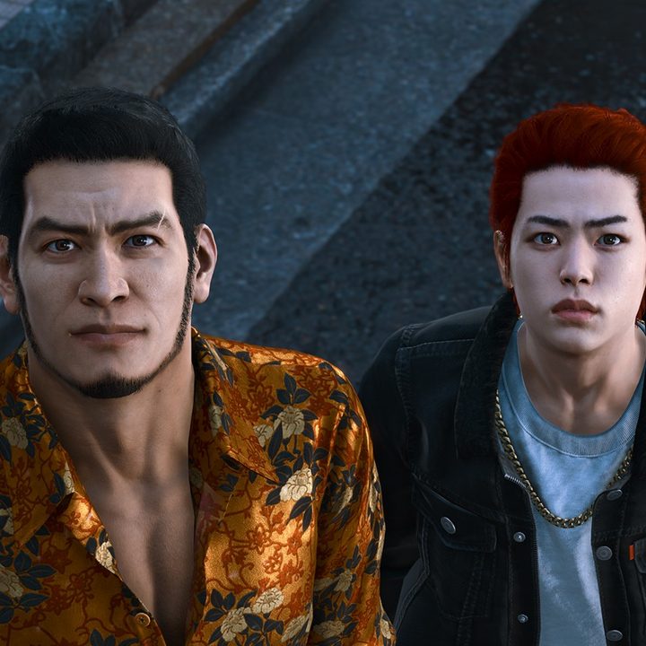 Katio and Jun look up at something in The Kaito Files DLC for Lost Judgment.